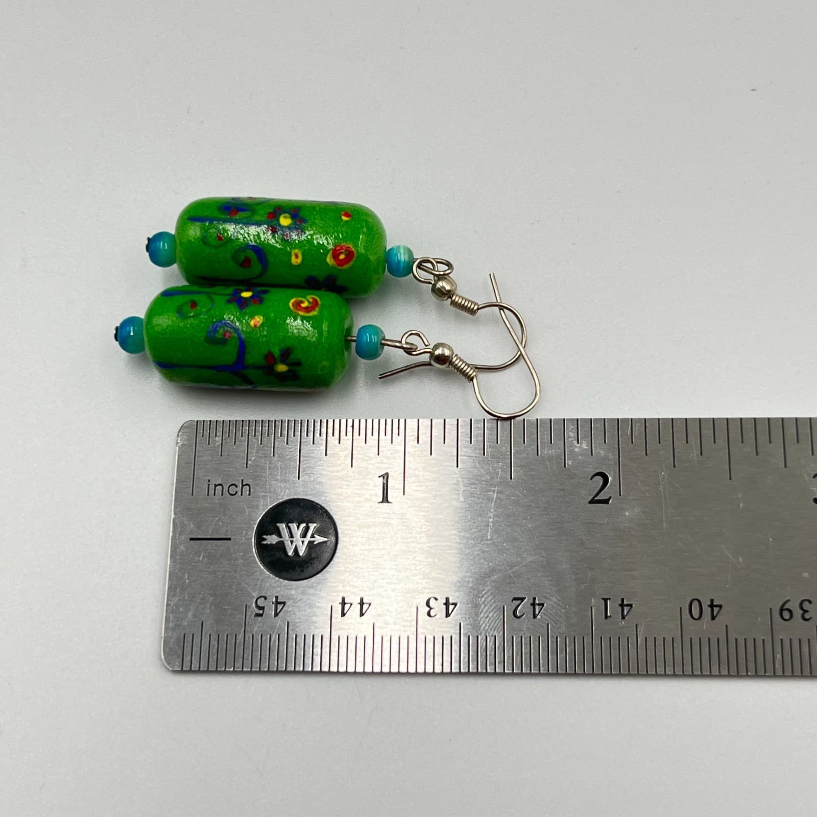 Vintage Boho Earrings Set Red Lampwork Glass & Green Floral Ceramic Dangles 2Pc - Thumbnail 4