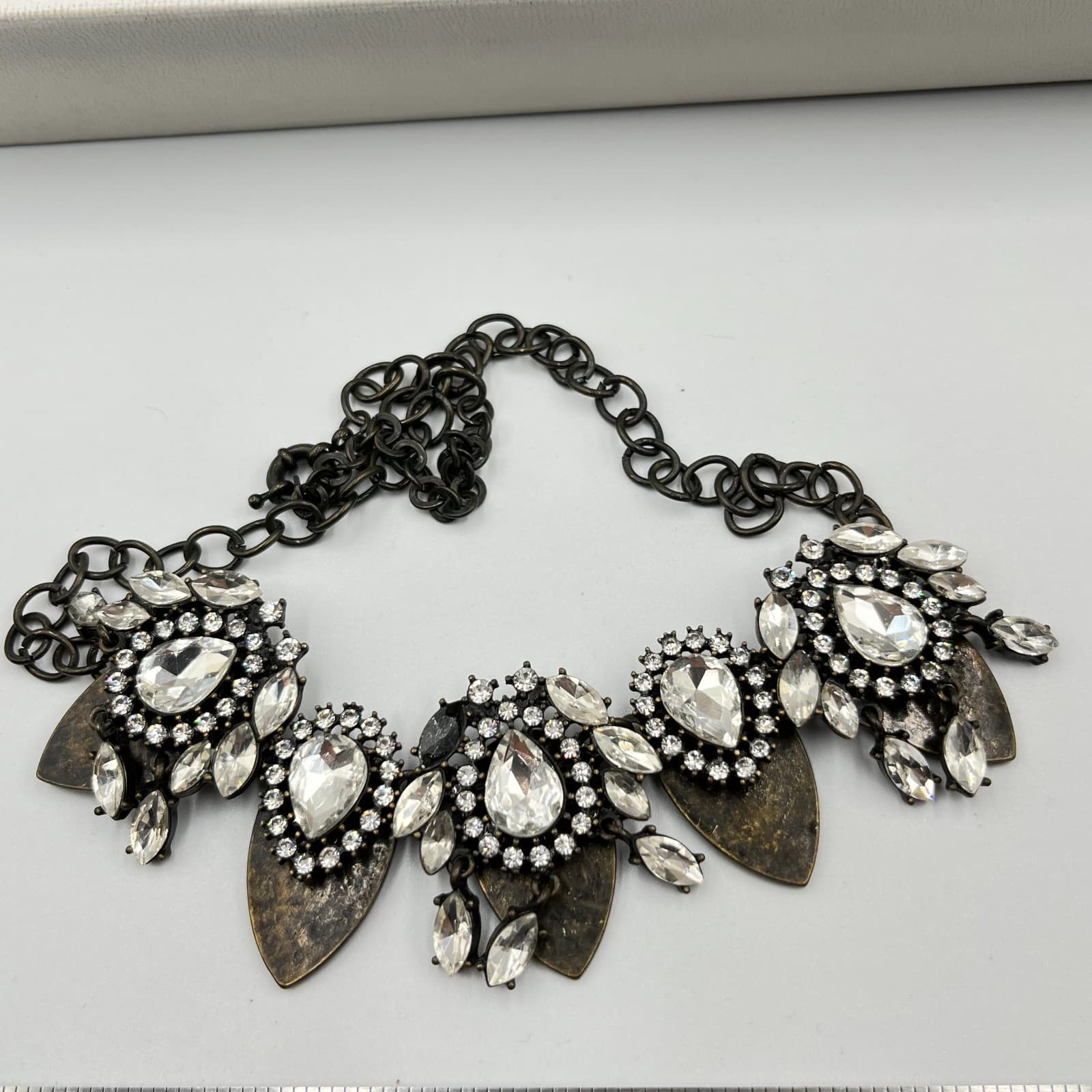 VTG Retro Glam Gunmetal Statement Necklace Clear Rhinestone Bib Chunky Cluster - Thumbnail 3