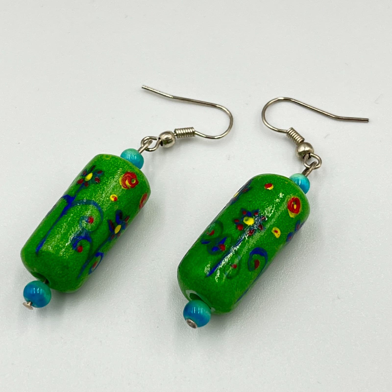 Vintage Boho Earrings Set Red Lampwork Glass & Green Floral Ceramic Dangles 2Pc - Thumbnail 3