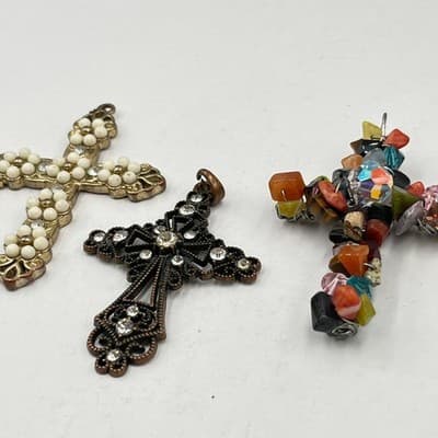 Lot of 3 Vintage & Artisan Cross Pendants, Pearl, Crystal, Gemstone Wire Wrap - Thumbnail 11