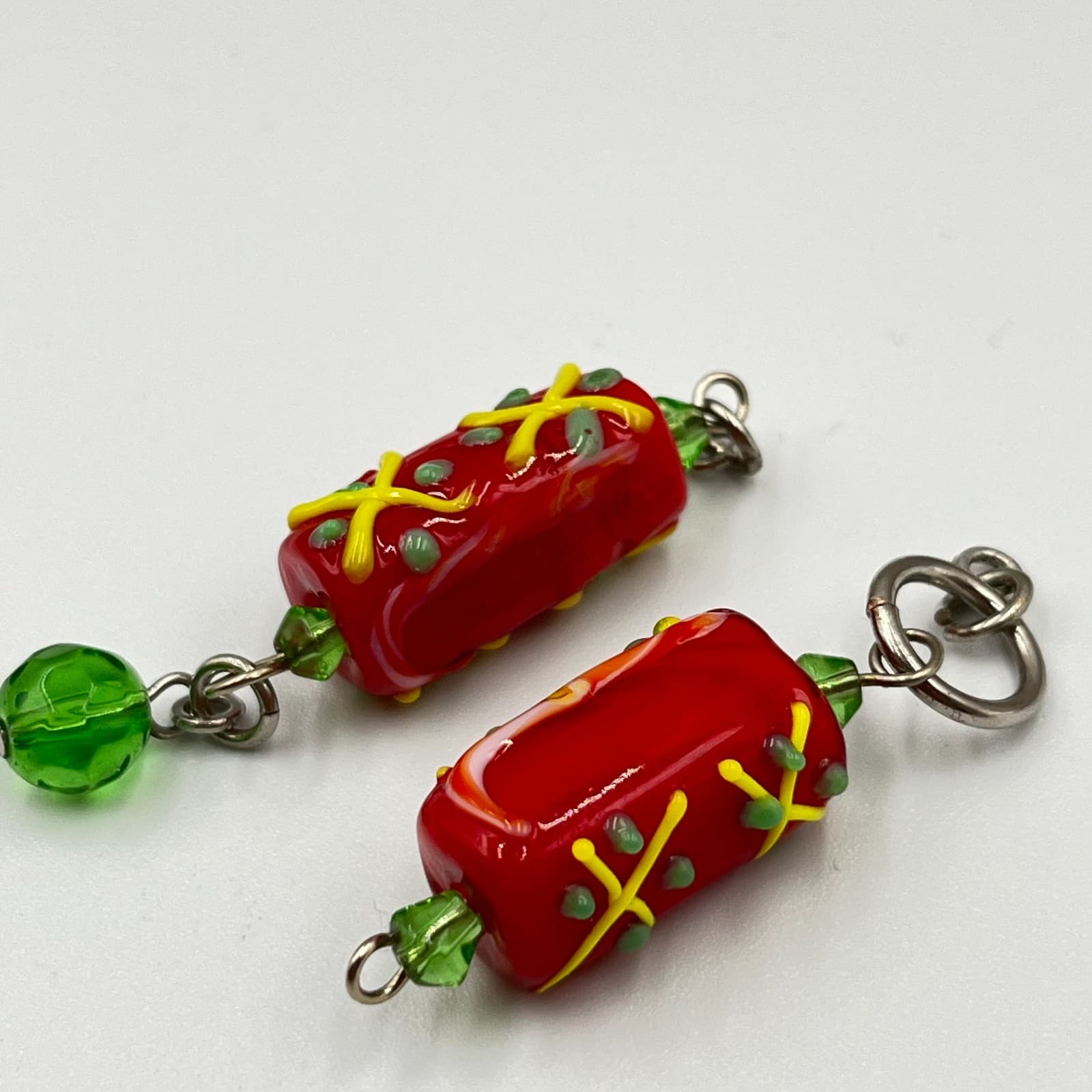 Vintage Boho Earrings Set Red Lampwork Glass & Green Floral Ceramic Dangles 2Pc - Thumbnail 2