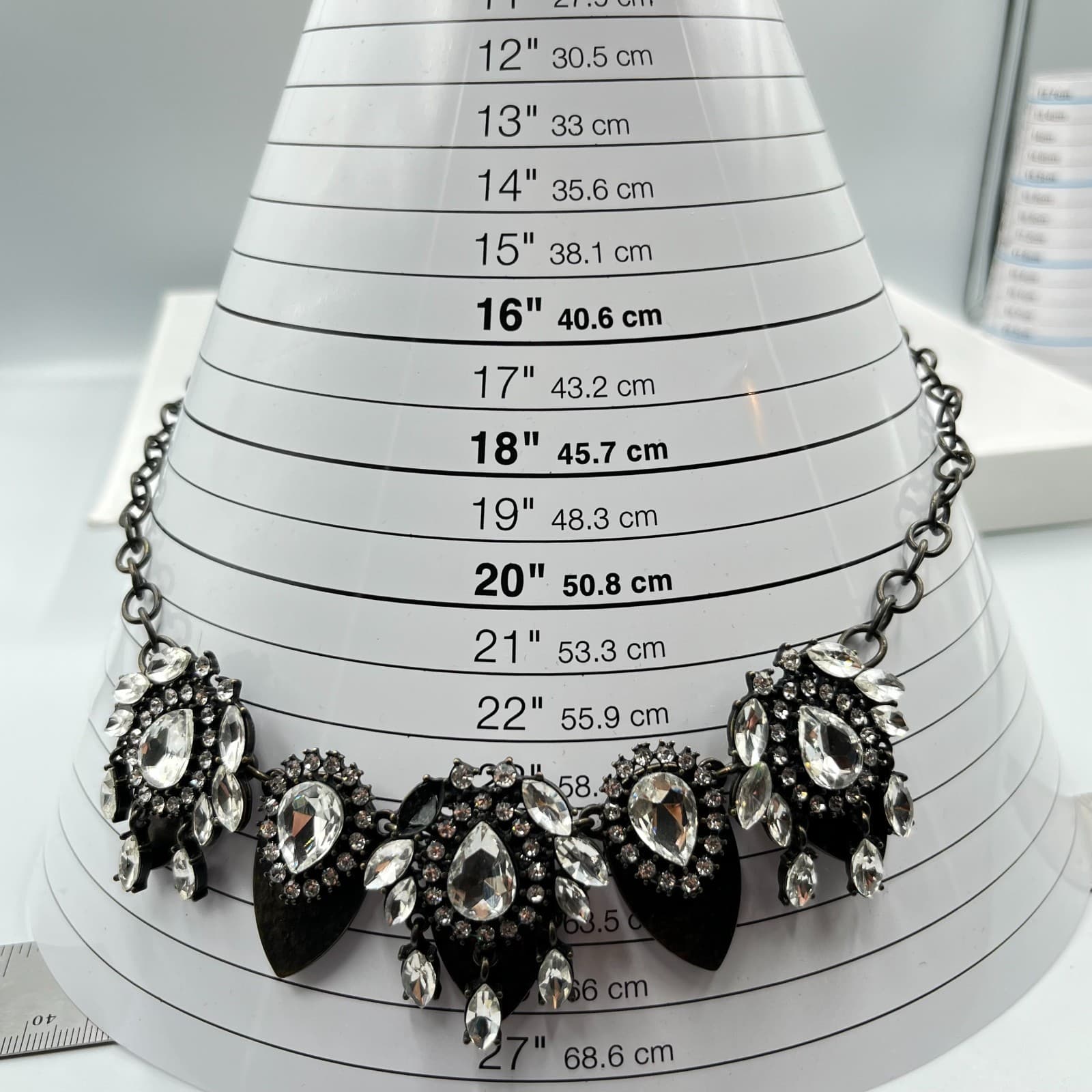 VTG Retro Glam Gunmetal Statement Necklace Clear Rhinestone Bib Chunky Cluster - Thumbnail 4