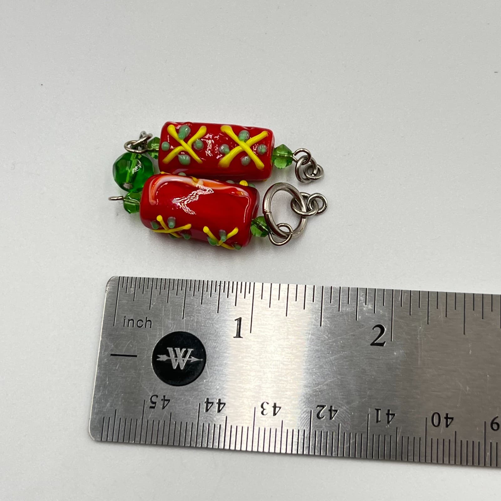 Vintage Boho Earrings Set Red Lampwork Glass & Green Floral Ceramic Dangles 2Pc - Thumbnail 5