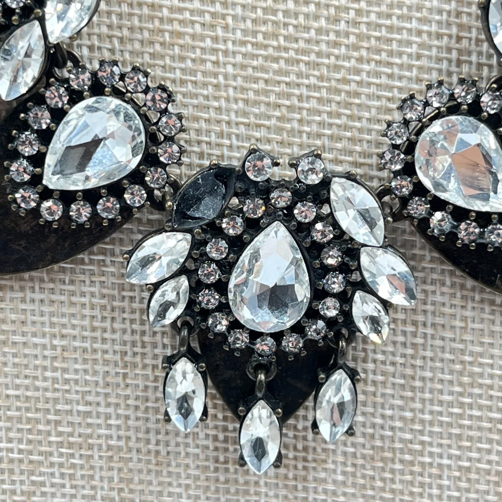 VTG Retro Glam Gunmetal Statement Necklace Clear Rhinestone Bib Chunky Cluster - Thumbnail 2