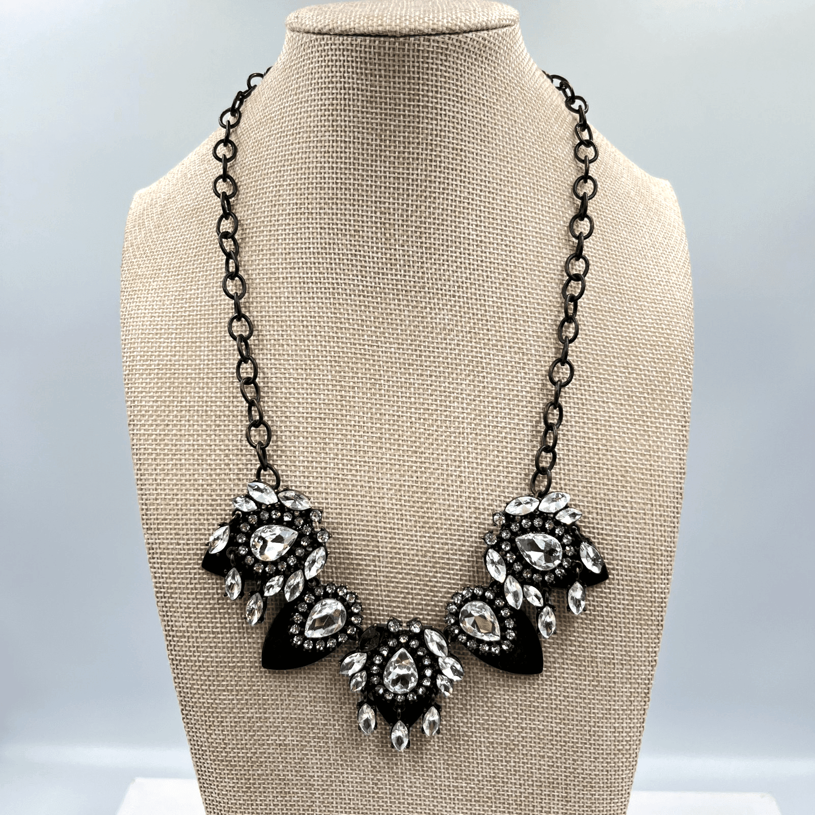 VTG Retro Glam Gunmetal Statement Necklace Clear Rhinestone Bib Chunky Cluster