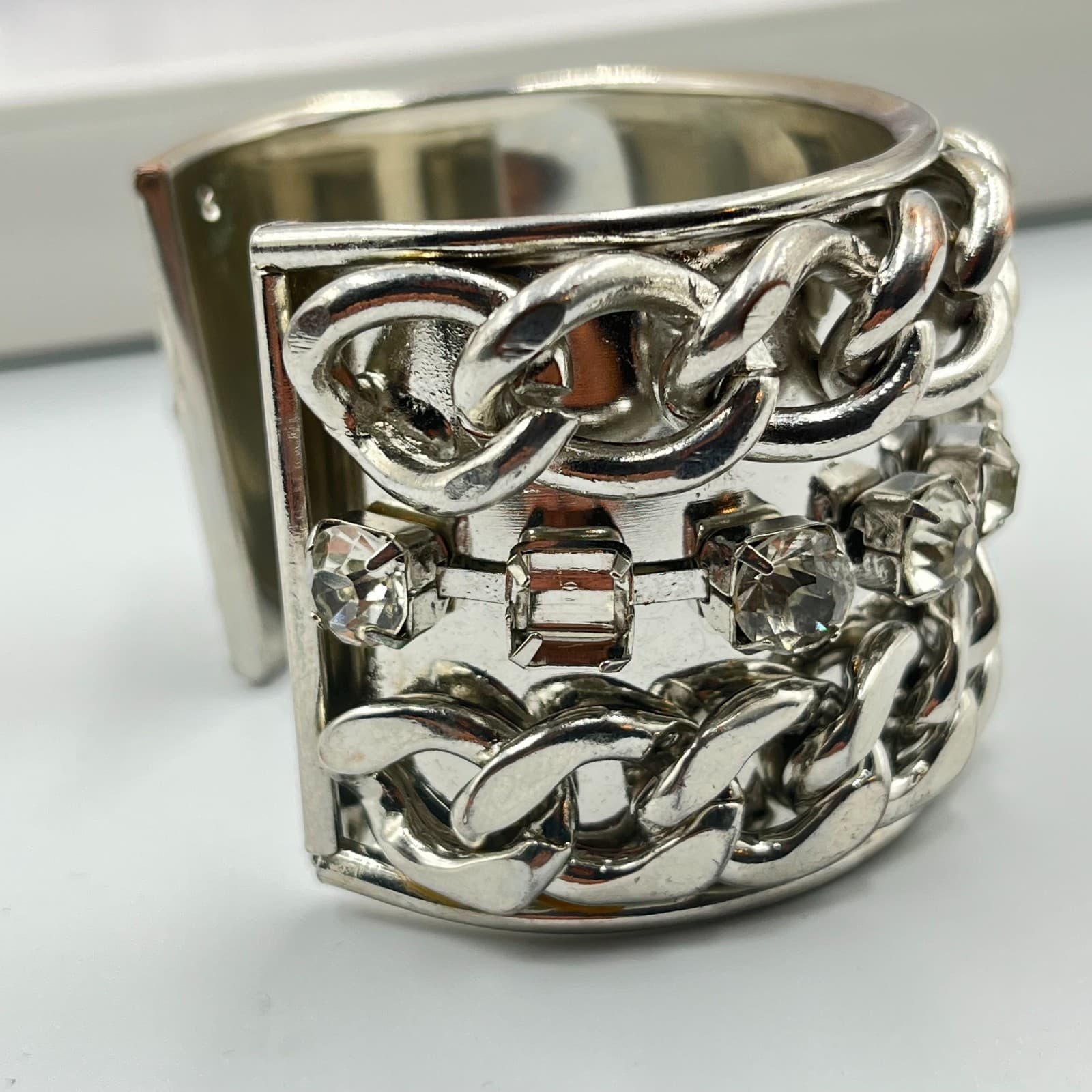 Vintage Silver Tone Curb Chain Rhinestone Wide Cuff Bracelet Glam Rock Statement - Thumbnail 3