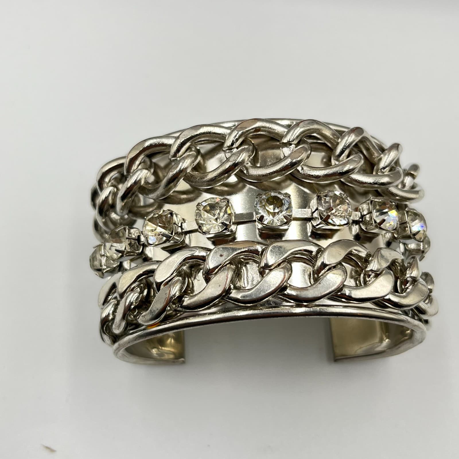 Vintage Silver Tone Curb Chain Rhinestone Wide Cuff Bracelet Glam Rock Statement - Thumbnail 2