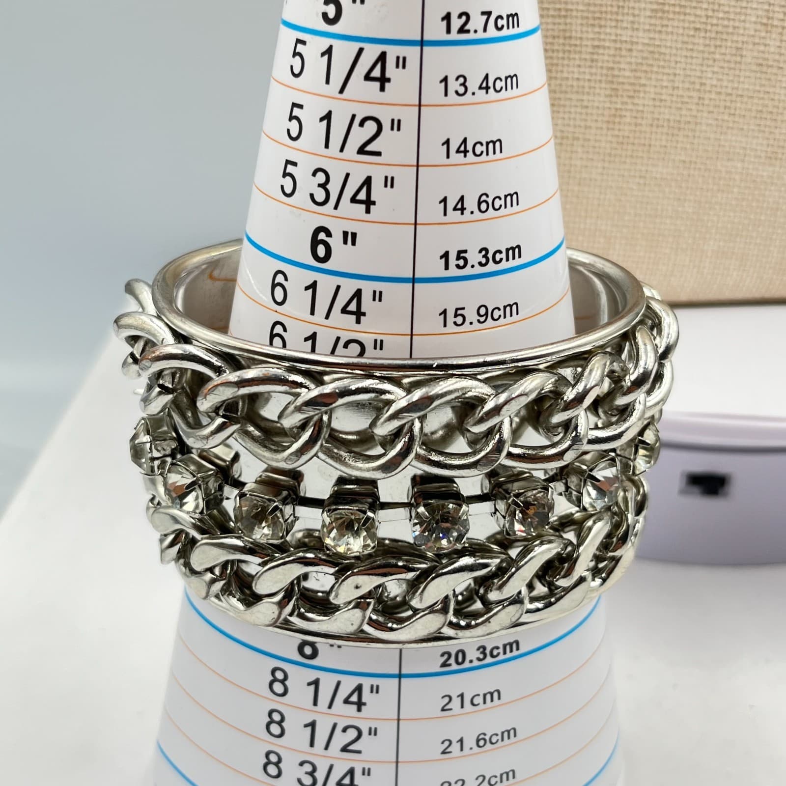 Vintage Silver Tone Curb Chain Rhinestone Wide Cuff Bracelet Glam Rock Statement - Thumbnail 4