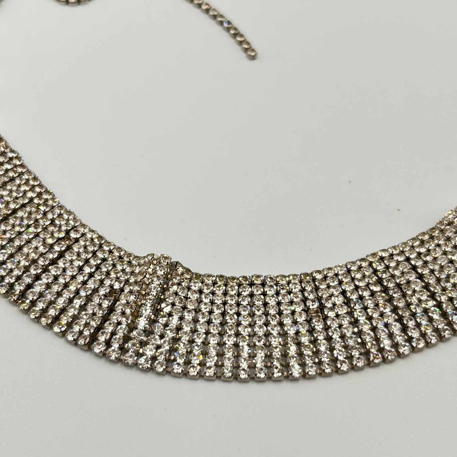 VTG Silver Rhinestone Choker Set, Faux Pearl Clip-On Earrings & Clover Brooch - Thumbnail 7