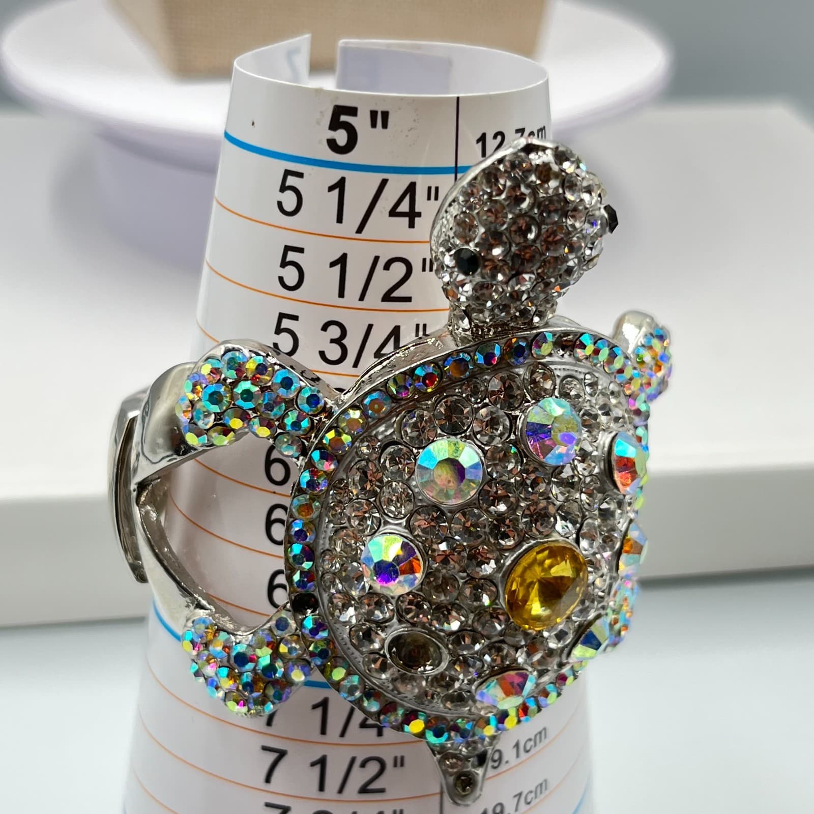 Vintage Statement Turtle Hinged Cuff Bracelet - Crystal AB Rhinestone Repair - Thumbnail 3