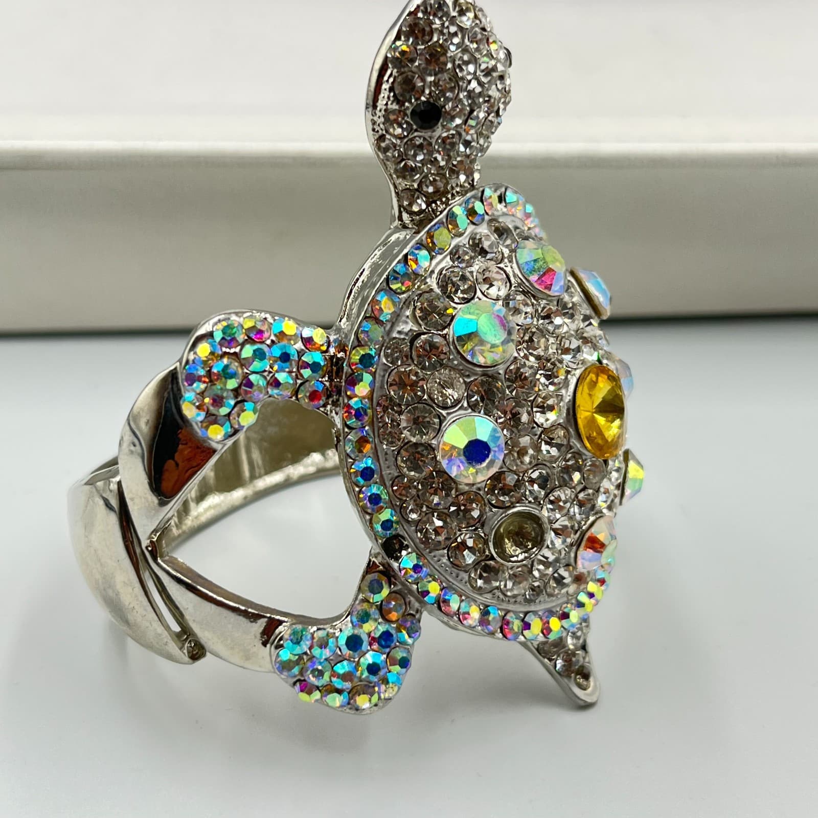 Vintage Statement Turtle Hinged Cuff Bracelet - Crystal AB Rhinestone Repair - Thumbnail 2
