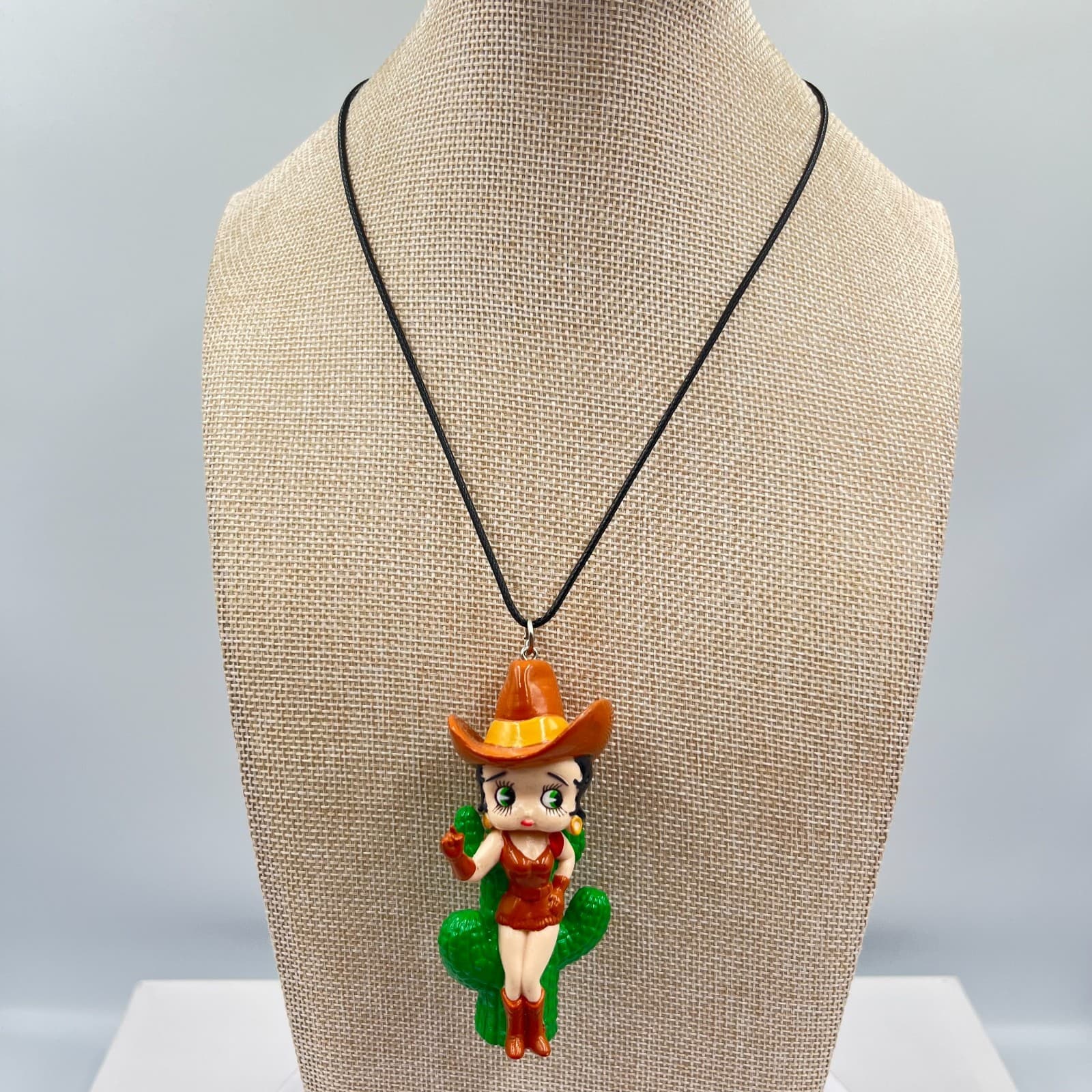 Vintage Style Betty Boop Cowgirl Cactus Pendant Necklace Retro Resin Jewelry - Thumbnail 2