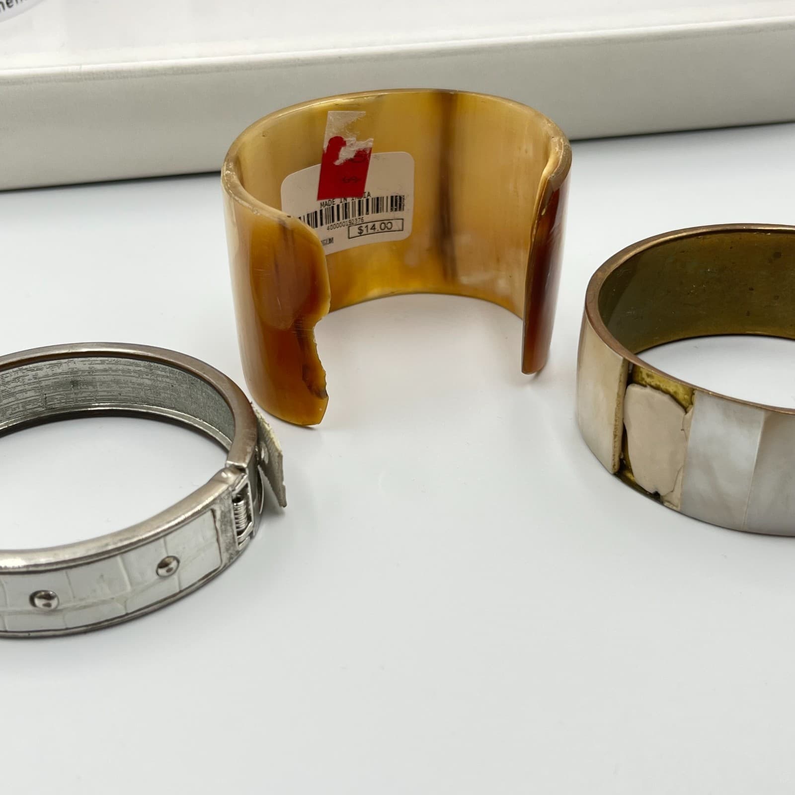 Vintage Bangle Set Mother of Pearl Horn Style Faux Croc White Brown Gold Silver - Thumbnail 12