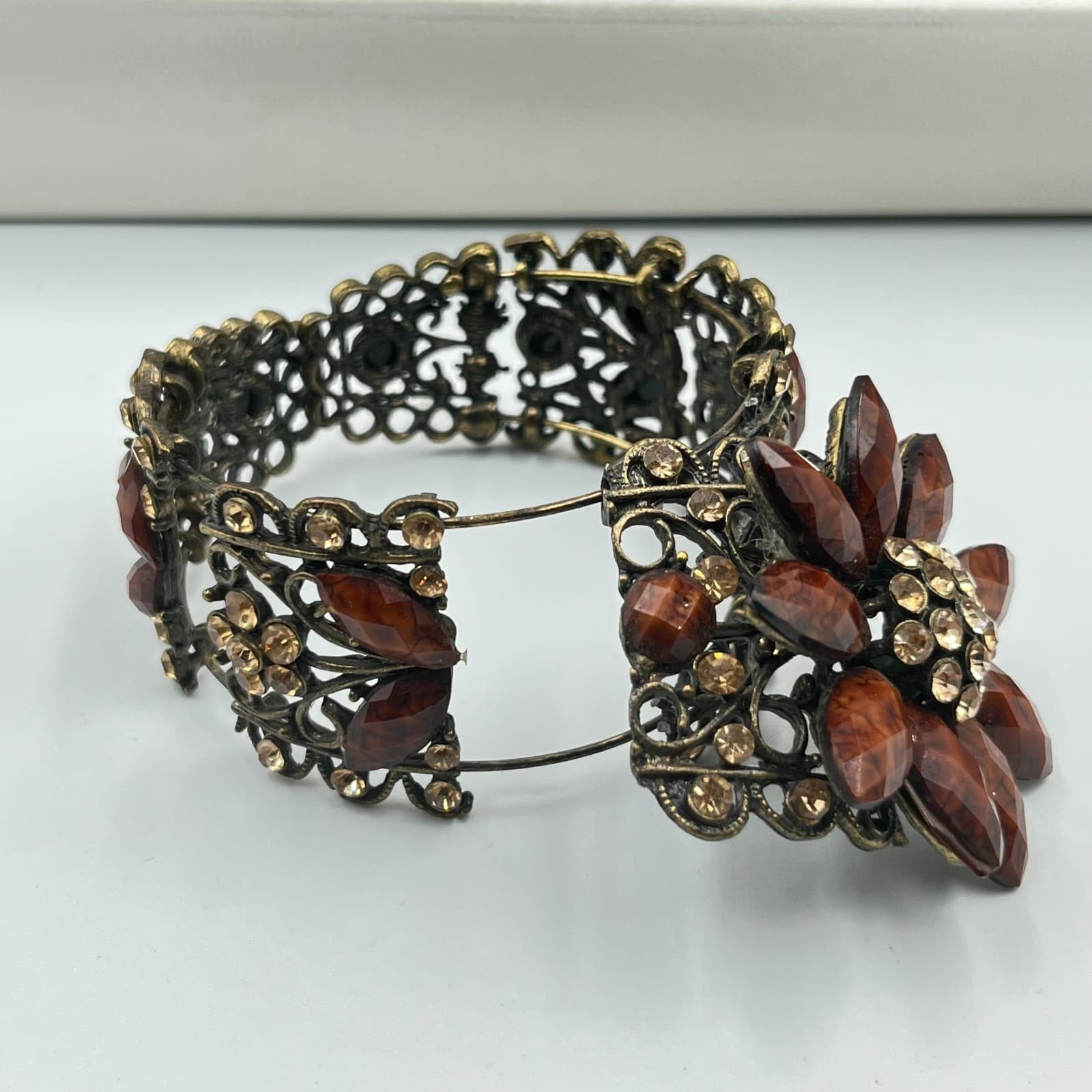 Vintage Revival 3-Piece Bracelet Set Blue Rhinestone Pearl Amber Floral Filigree - Thumbnail 6