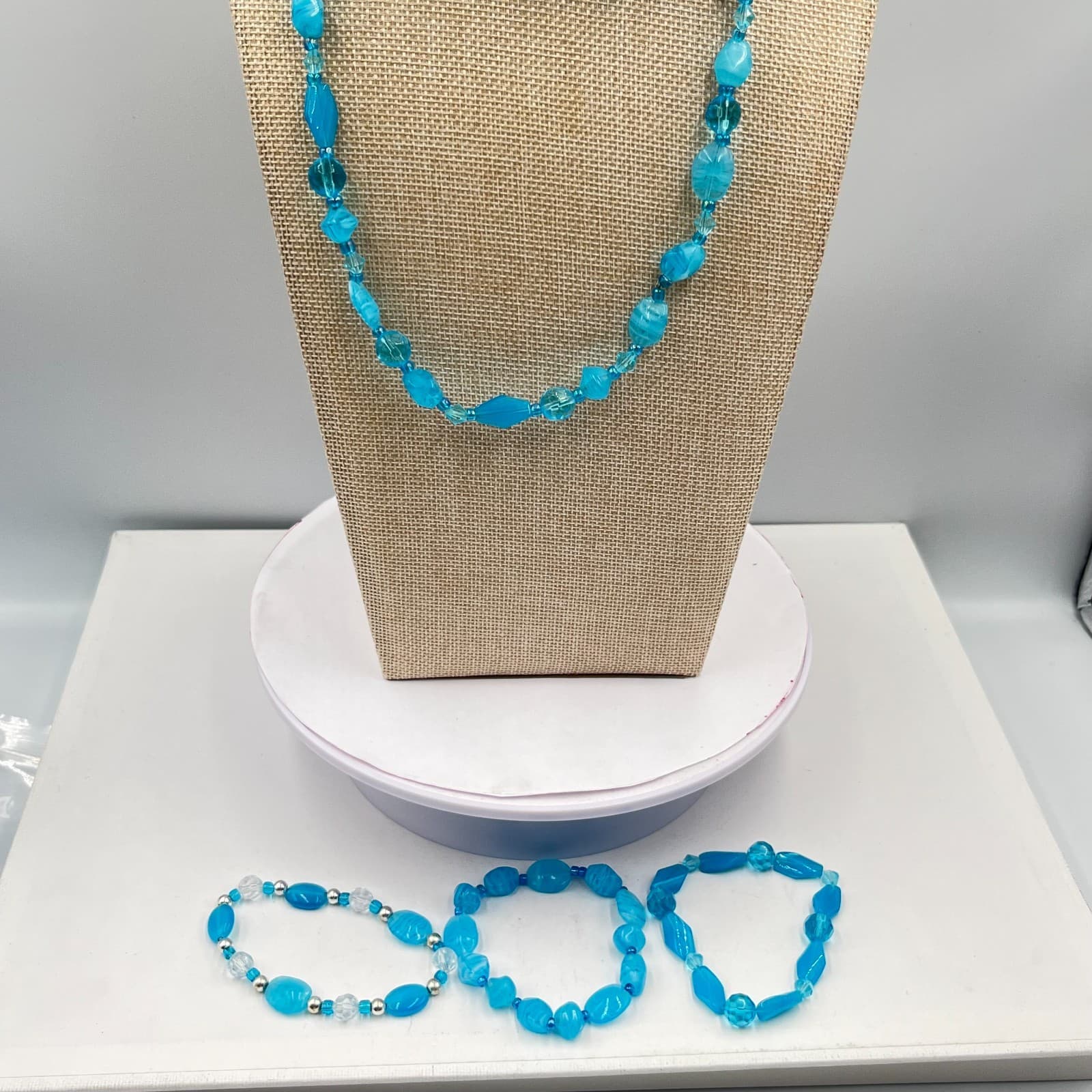 Vintage Retro Teal Blue Beaded Necklace & Bracelet Set 4pc Fashion Jewelry - Thumbnail 12