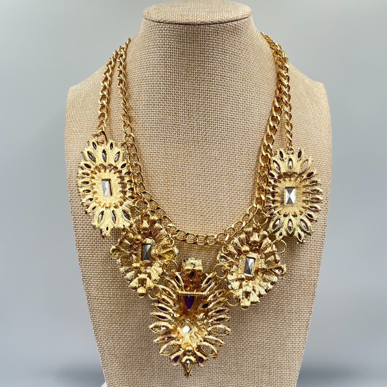 VTG Retro Gold Tone Purple Resin Gem Statement Bib Necklace Regal Floral Cluster - Thumbnail 4