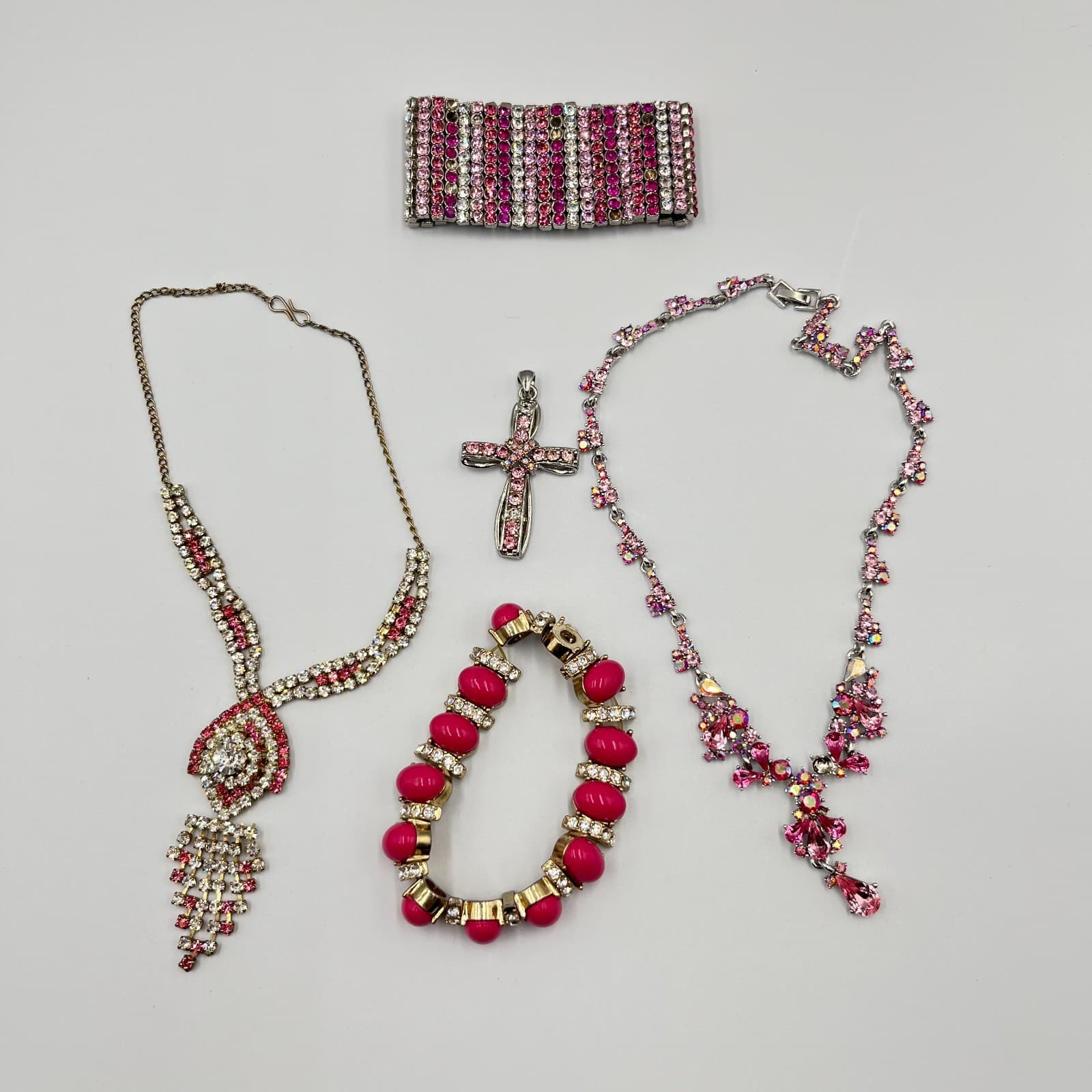 Vintage 5pc Jewelry Lot Pink Rhinestone Crystal Necklace Bracelet Cross Y2K Set