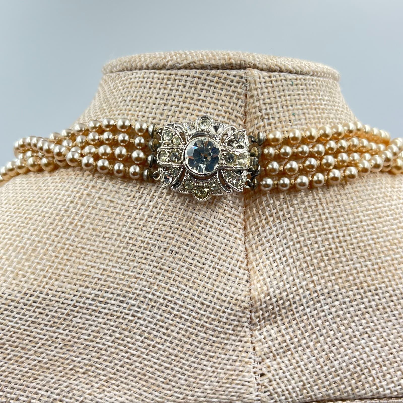 Vintage Retro 3pc Faux Pearl Necklace Set Champagne Cream Rhinestone Clasp Lot - Thumbnail 10