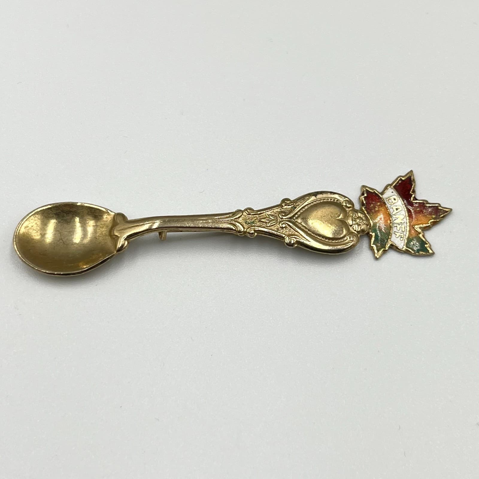 Vintage Banff Canada Souvenir Spoon Brooch Gold Tone Enamel Maple Leaf Heart Pin - Thumbnail 4