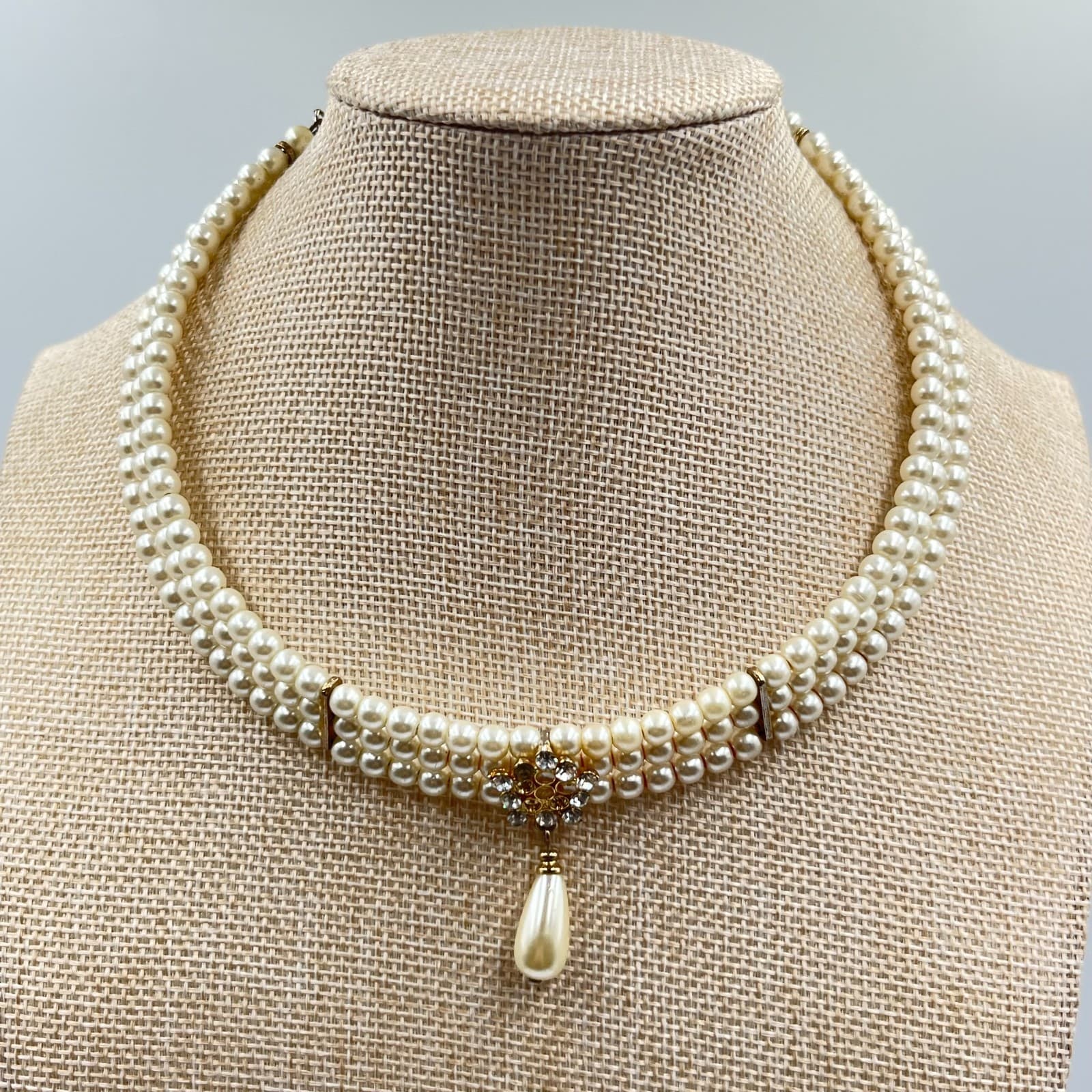 Vintage Retro 3pc Faux Pearl Necklace Set Champagne Cream Rhinestone Clasp Lot - Thumbnail 2