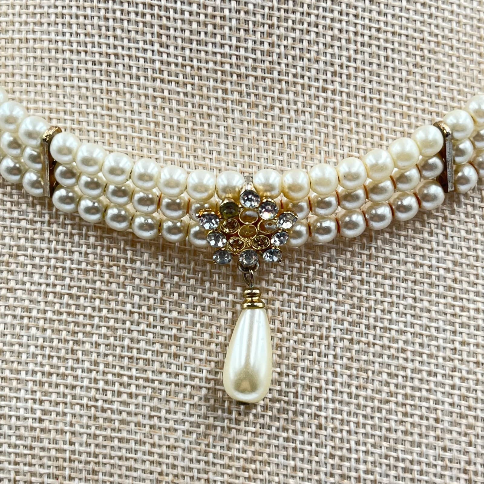 Vintage Retro 3pc Faux Pearl Necklace Set Champagne Cream Rhinestone Clasp Lot - Thumbnail 3