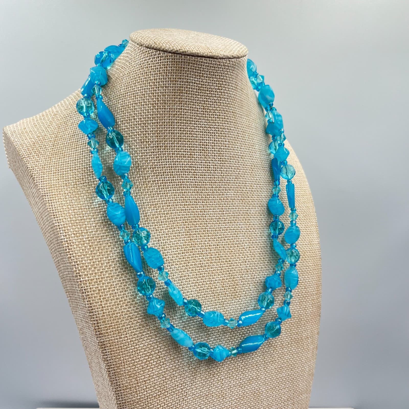 Vintage Retro Teal Blue Beaded Necklace & Bracelet Set 4pc Fashion Jewelry - Thumbnail 2