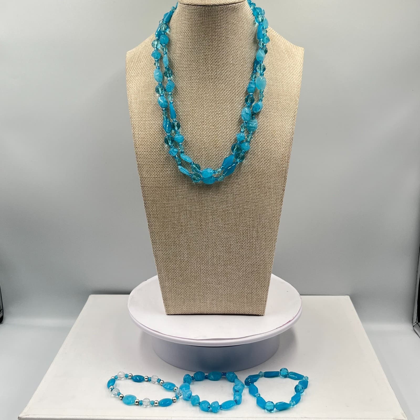 Vintage Retro Teal Blue Beaded Necklace & Bracelet Set 4pc Fashion Jewelry