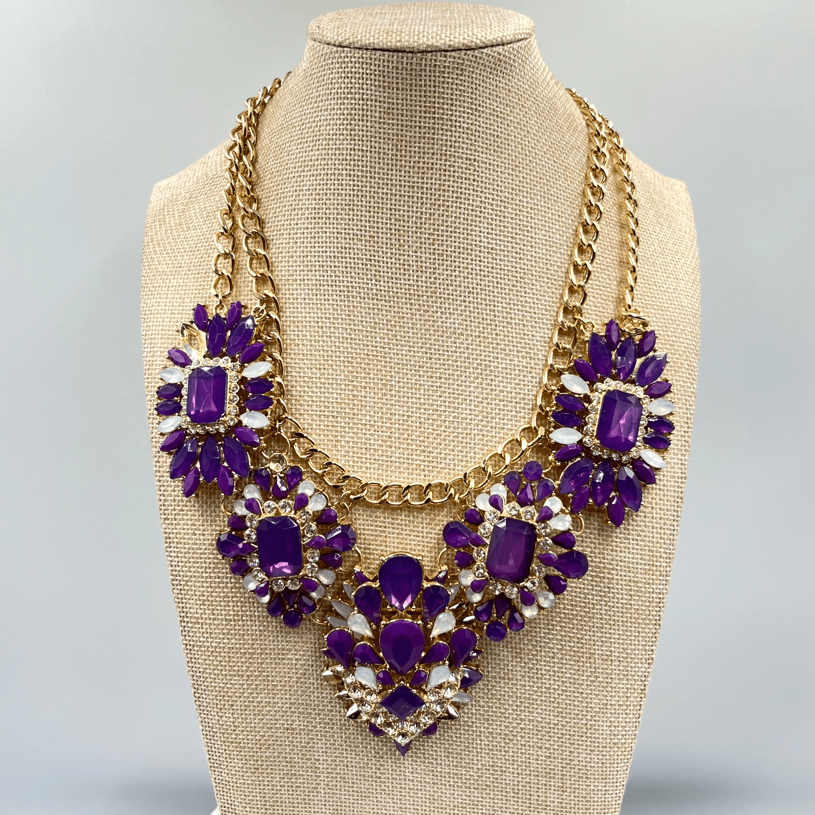 VTG Retro Gold Tone Purple Resin Gem Statement Bib Necklace Regal Floral Cluster