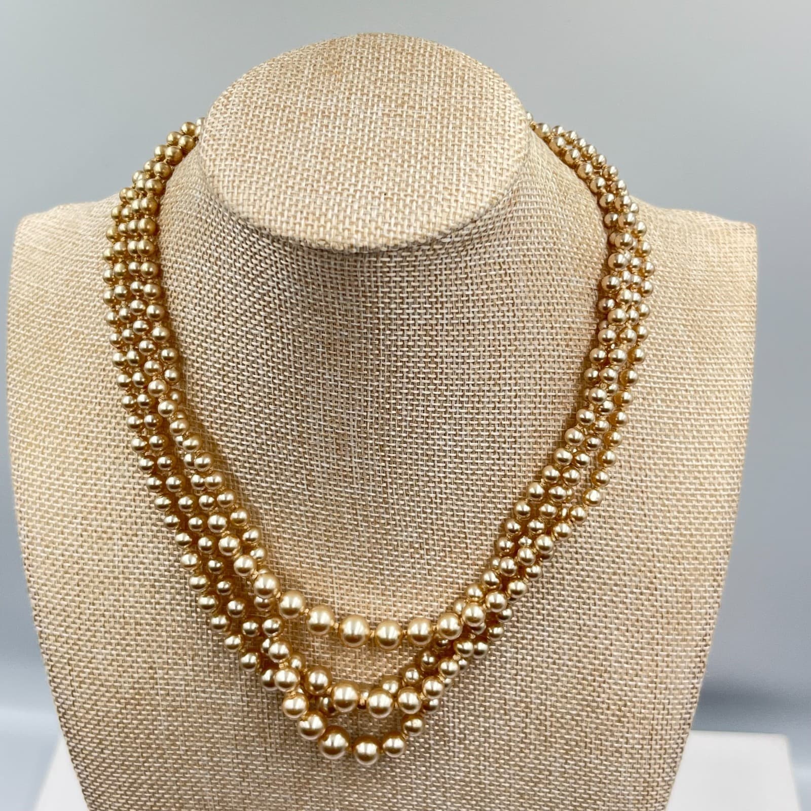Vintage Retro 3pc Faux Pearl Necklace Set Champagne Cream Rhinestone Clasp Lot - Thumbnail 9