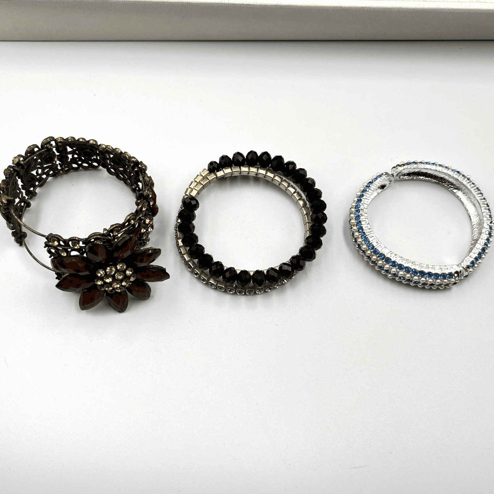 Vintage Revival 3-Piece Bracelet Set Blue Rhinestone Pearl Amber Floral Filigree