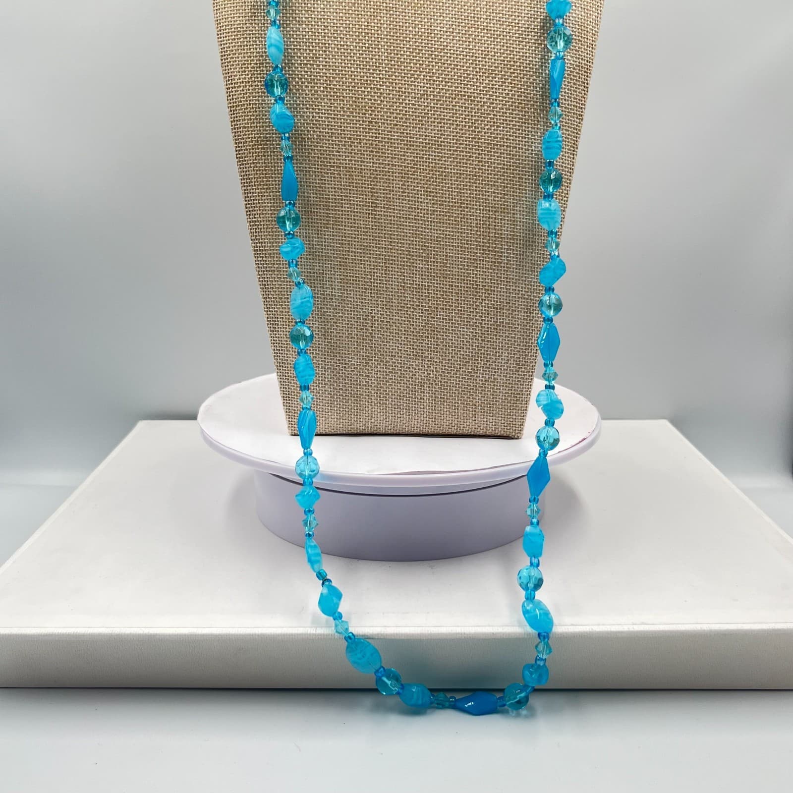 Vintage Retro Teal Blue Beaded Necklace & Bracelet Set 4pc Fashion Jewelry - Thumbnail 3