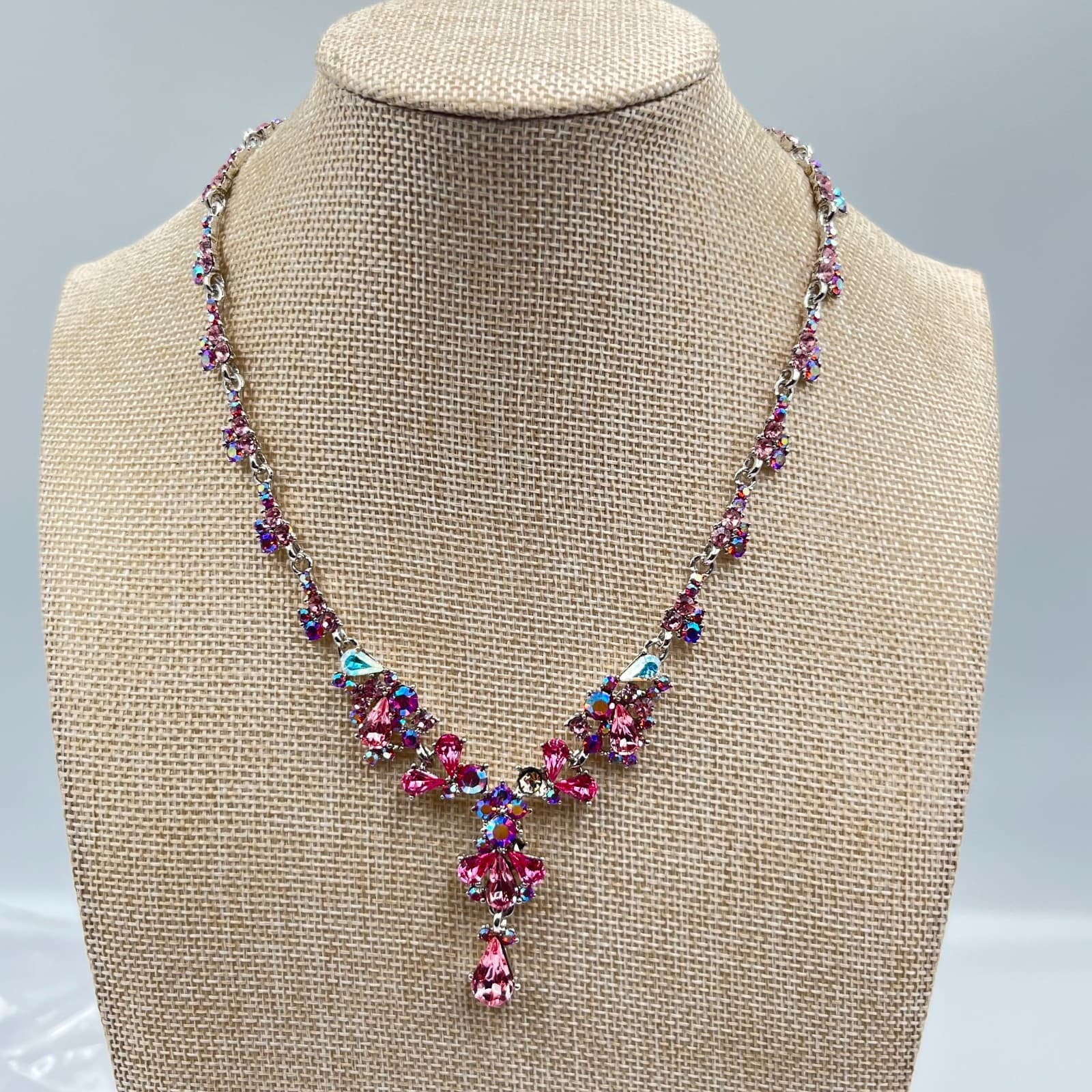 Vintage 5pc Jewelry Lot Pink Rhinestone Crystal Necklace Bracelet Cross Y2K Set - Thumbnail 2