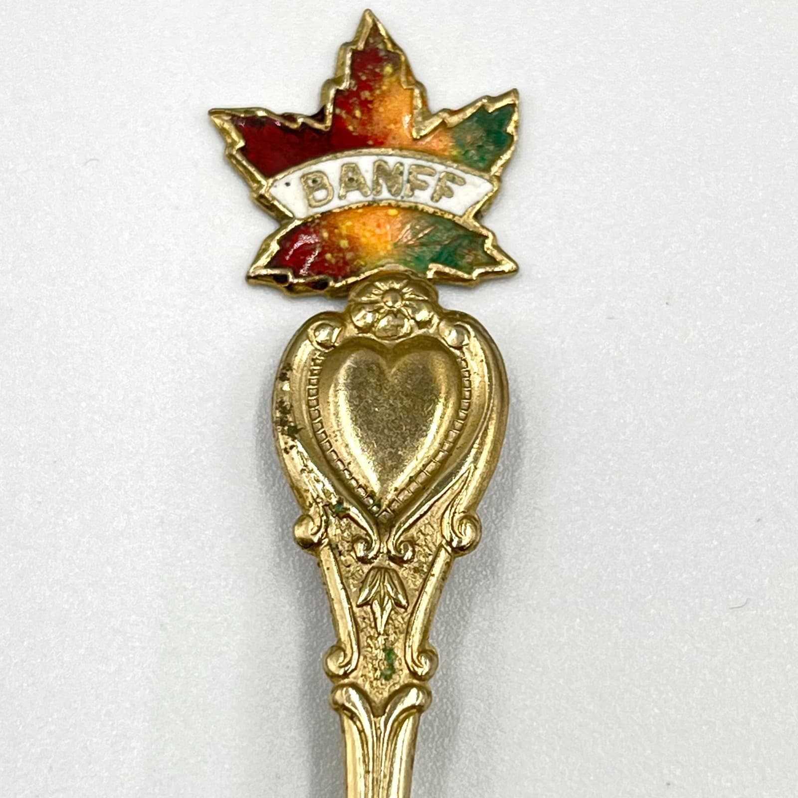 Vintage Banff Canada Souvenir Spoon Brooch Gold Tone Enamel Maple Leaf Heart Pin - Thumbnail 2