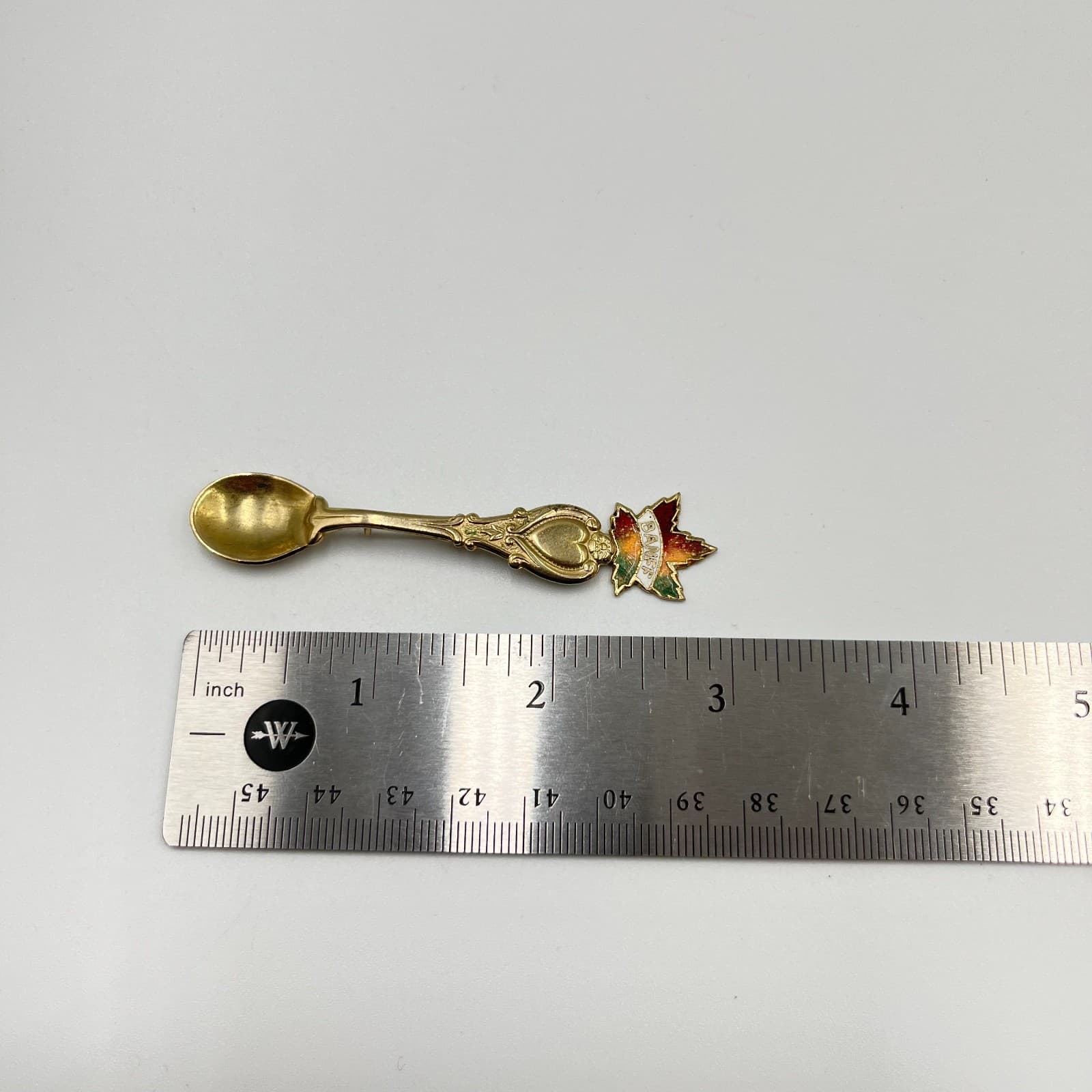 Vintage Banff Canada Souvenir Spoon Brooch Gold Tone Enamel Maple Leaf Heart Pin - Thumbnail 6