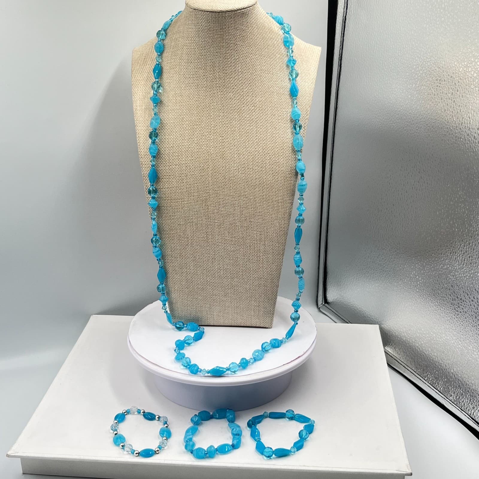 Vintage Retro Teal Blue Beaded Necklace & Bracelet Set 4pc Fashion Jewelry - Thumbnail 13