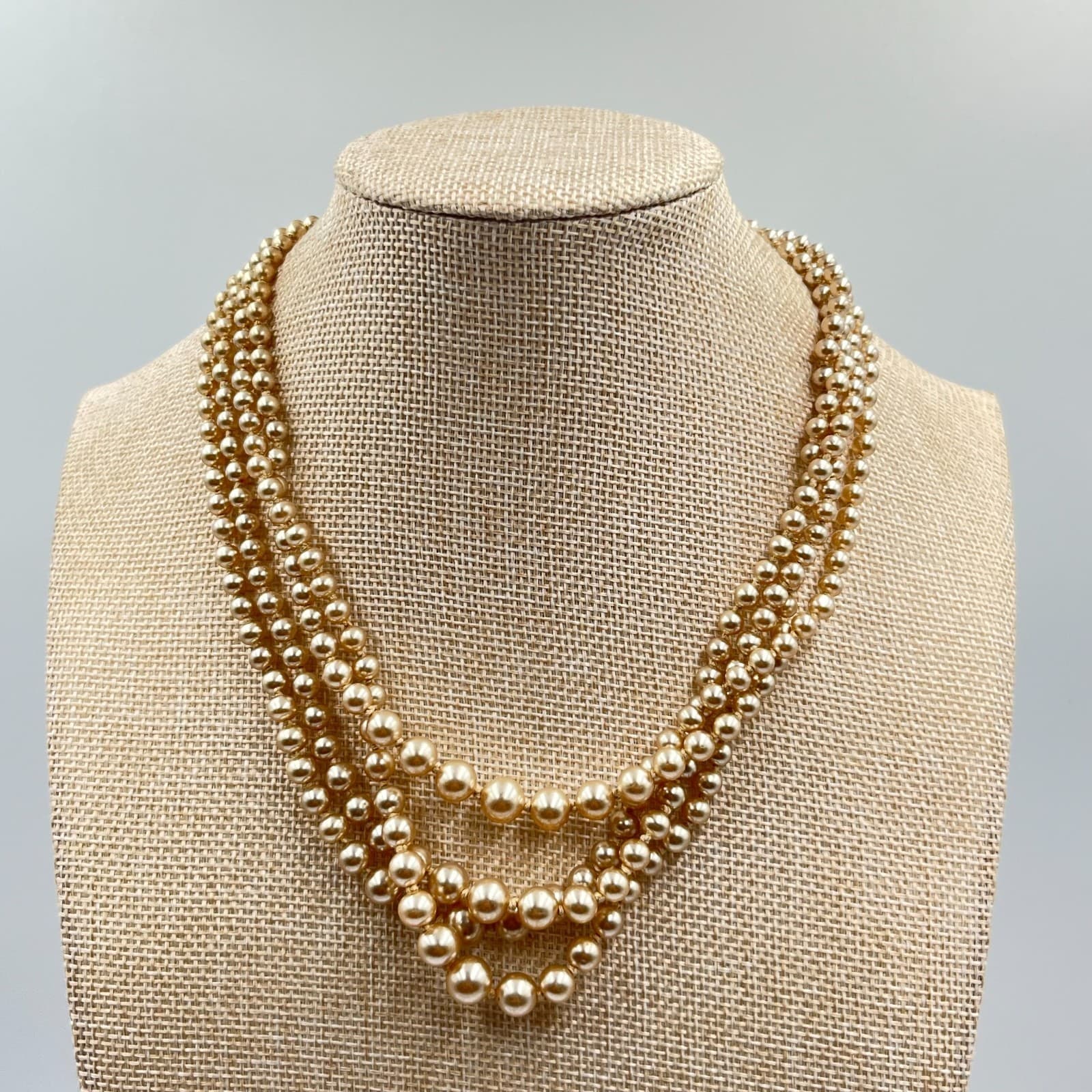 Vintage Retro 3pc Faux Pearl Necklace Set Champagne Cream Rhinestone Clasp Lot - Thumbnail 8