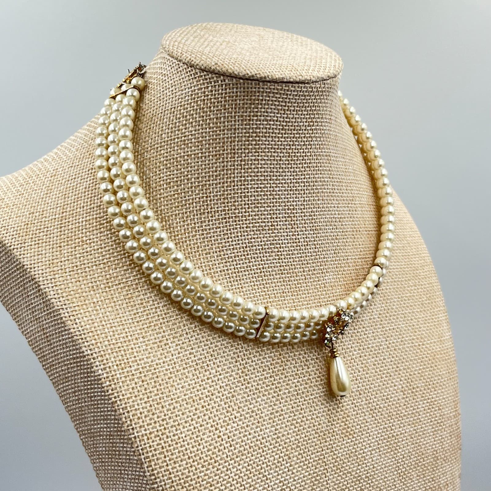 Vintage Retro 3pc Faux Pearl Necklace Set Champagne Cream Rhinestone Clasp Lot - Thumbnail 4