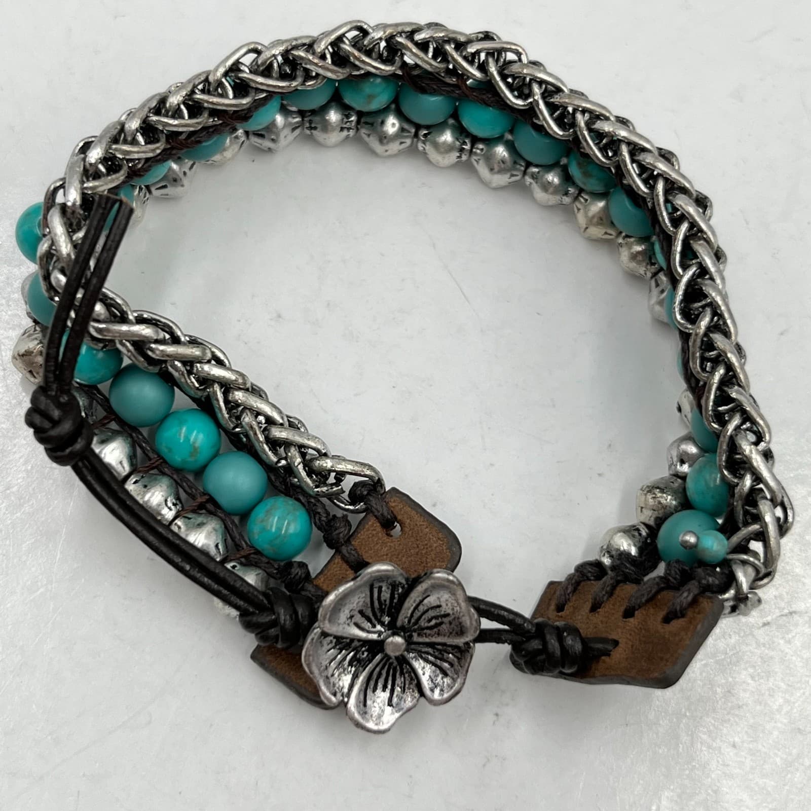 Vintage Boho Turquoise Beaded Multi-Layer Bracelet Leather Floral Button Clasp - Thumbnail 3