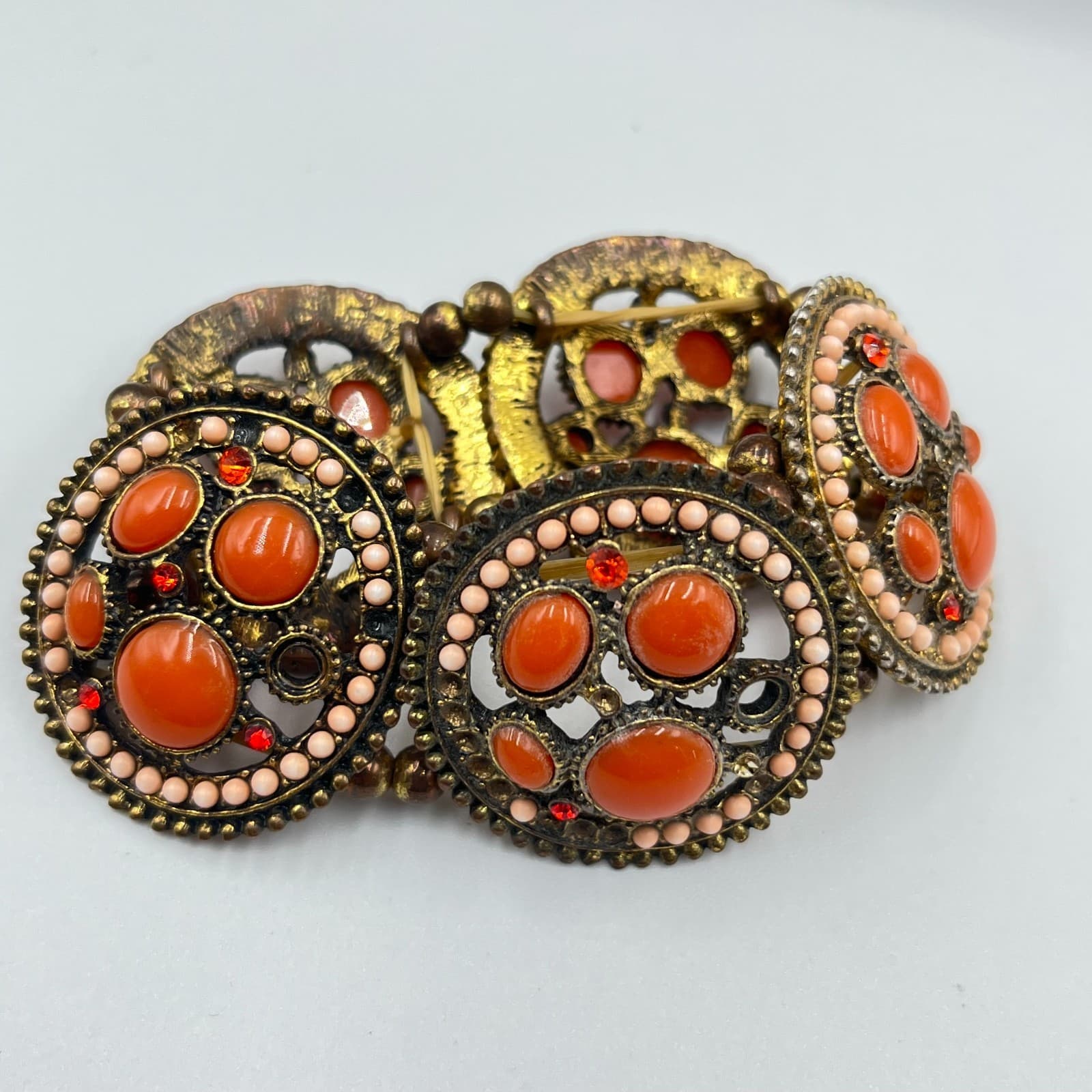 Vintage Statement Bracelet Set & Repair Lot Amber Pearl Crystal Filigree 5 Pcs - Thumbnail 3