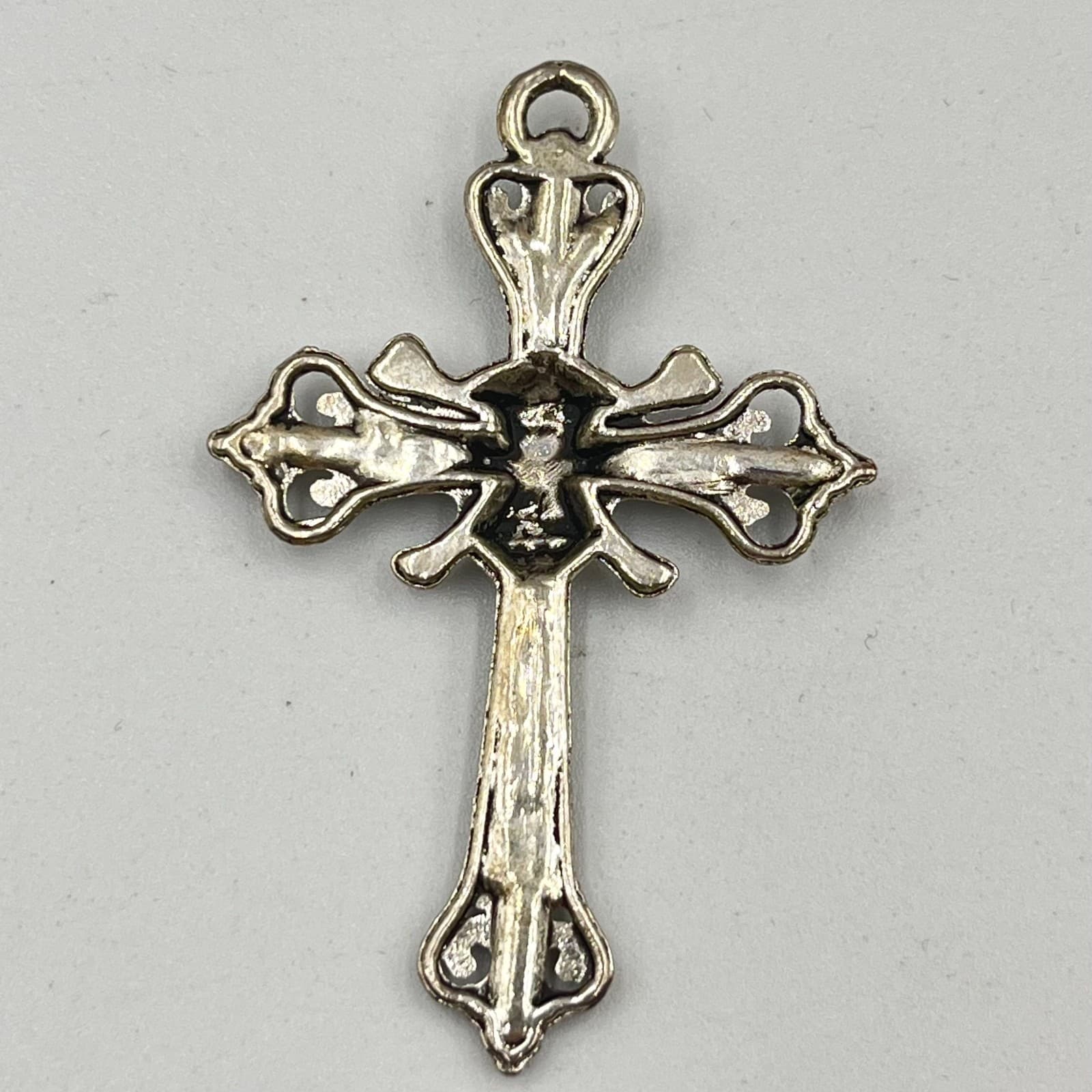 VTG Gothic Skull & Crossbones Filigree Cross Pendant - Silver Tone Retro Biker - Thumbnail 2