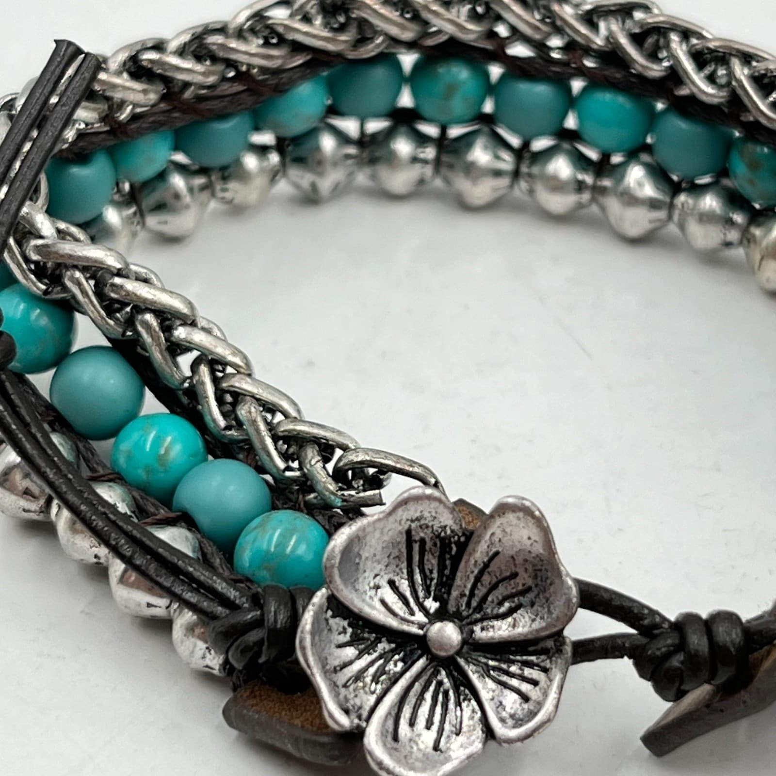 Vintage Boho Turquoise Beaded Multi-Layer Bracelet Leather Floral Button Clasp - Thumbnail 4