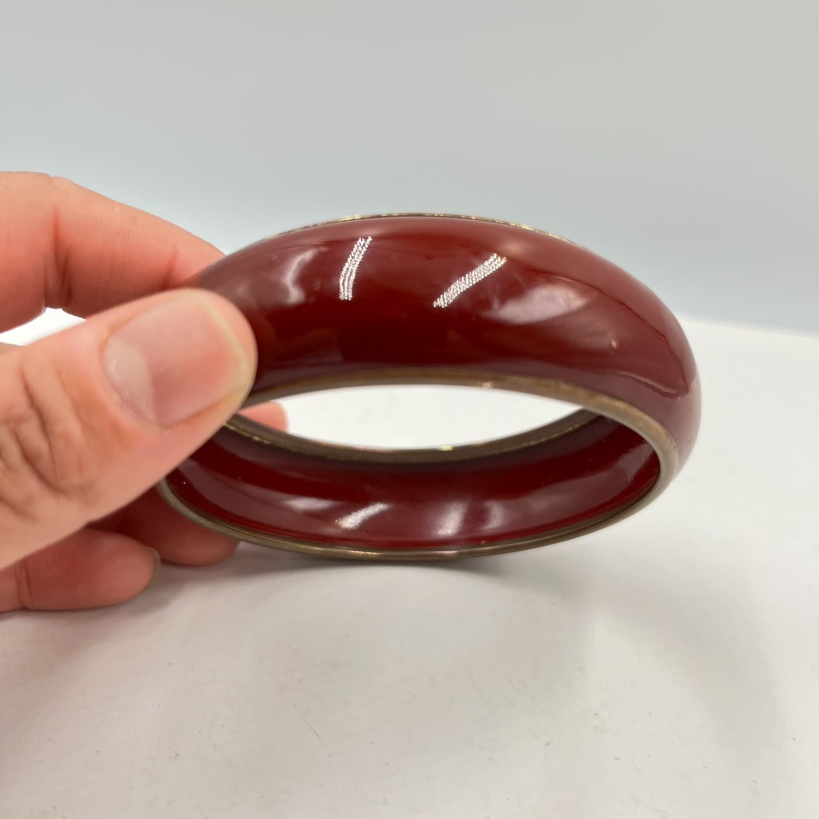 Vintage Retro Deep Red Enamel Bangle Bracelet Gold Tone Trim Minimalist Boho - Thumbnail 4