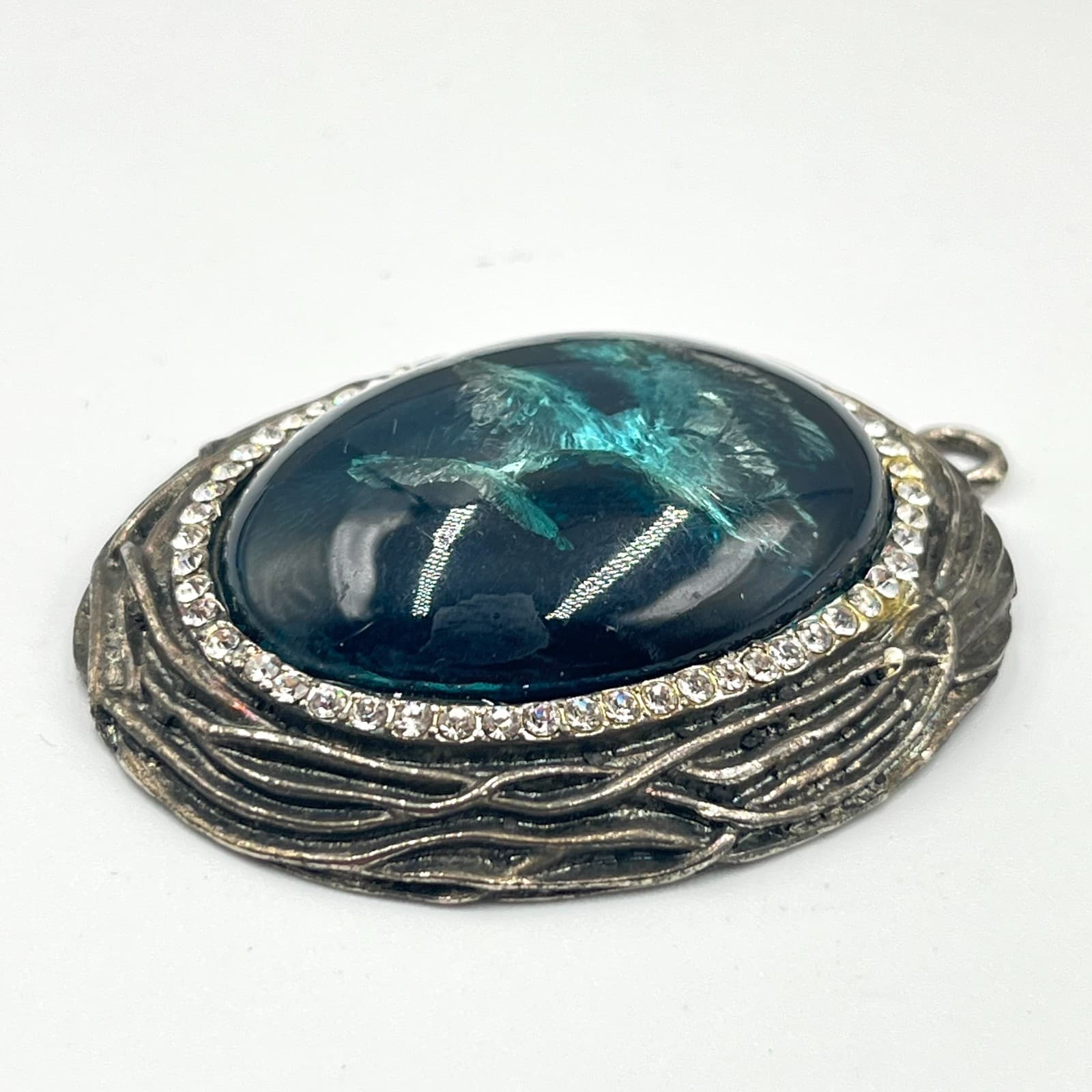 Vintage Retro Silver Tone Blue Foil Art Glass Cabochon Rhinestone Halo Pendant - Thumbnail 4