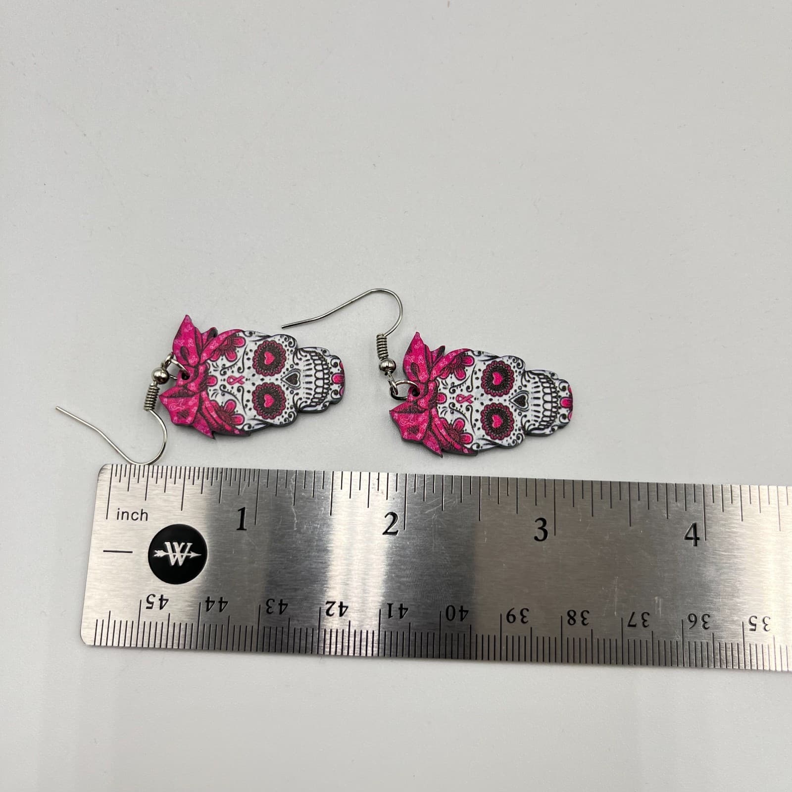 Vintage Day of the Dead Sugar Skull Acrylic Earrings - Pink Bow Rockabilly Boho - Thumbnail 4