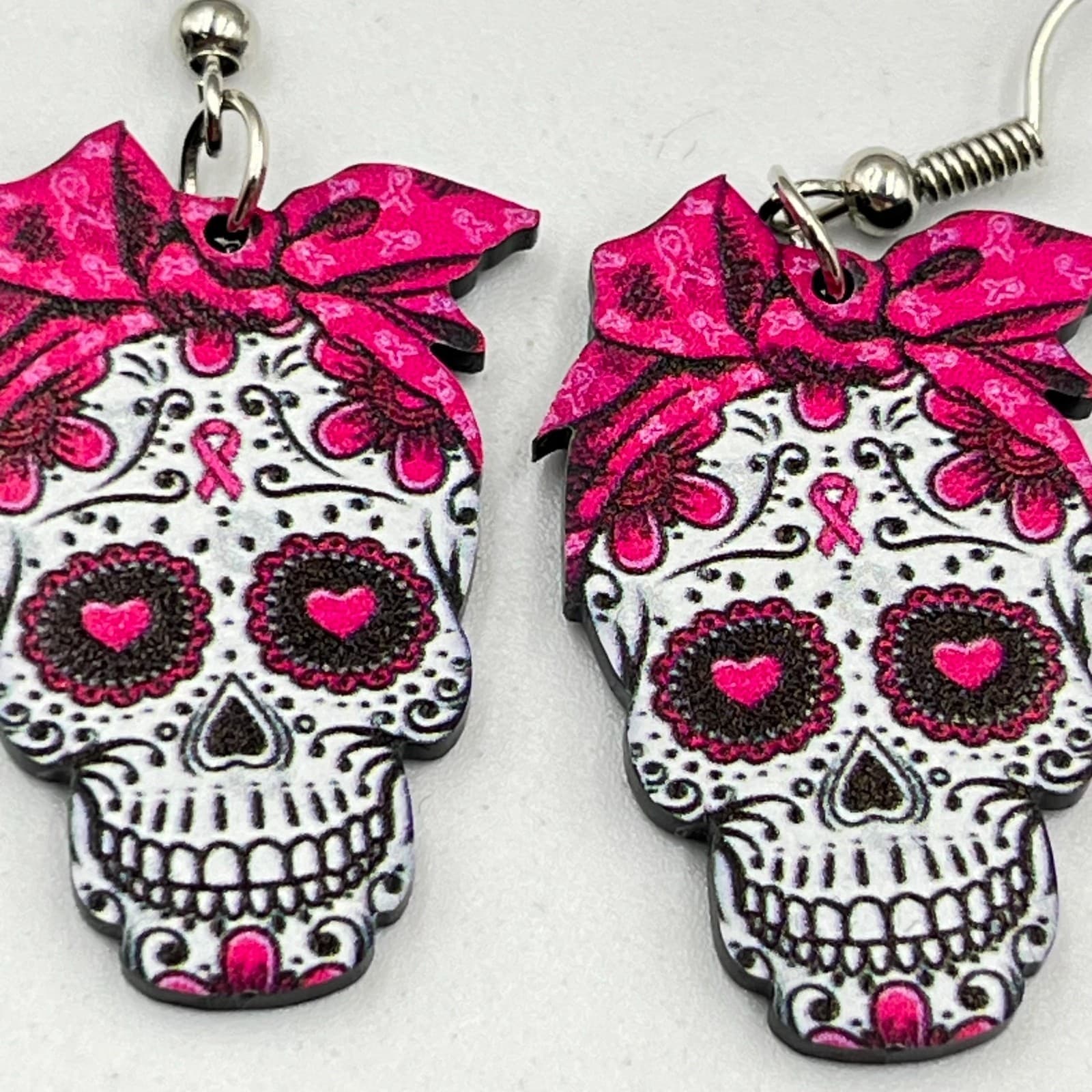 Vintage Day of the Dead Sugar Skull Acrylic Earrings - Pink Bow Rockabilly Boho - Thumbnail 2