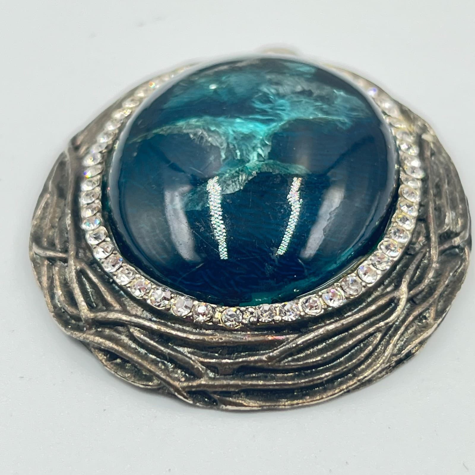 Vintage Retro Silver Tone Blue Foil Art Glass Cabochon Rhinestone Halo Pendant - Thumbnail 6