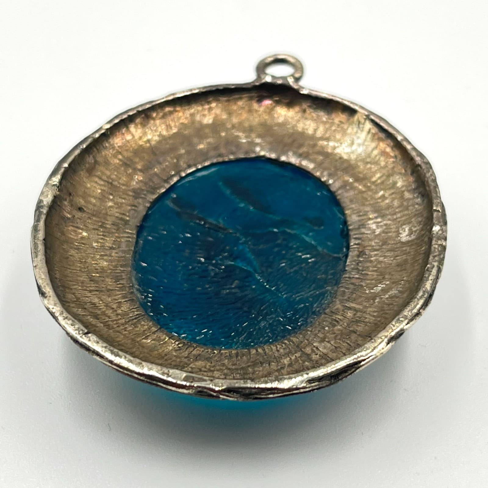 Vintage Retro Silver Tone Blue Foil Art Glass Cabochon Rhinestone Halo Pendant - Thumbnail 3