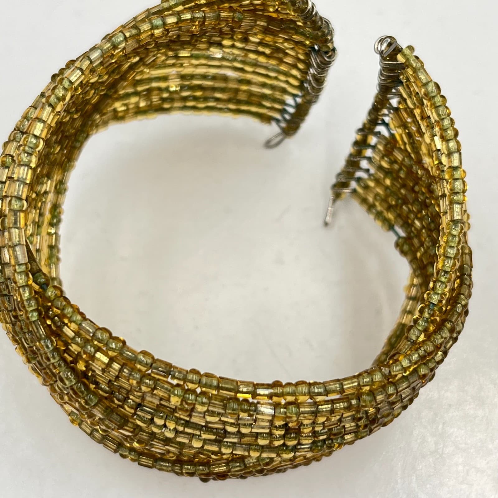 Vintage Boho Gold Tone Seed Bead Multi-Strand Memory Wire Cuff Bracelet - Thumbnail 2