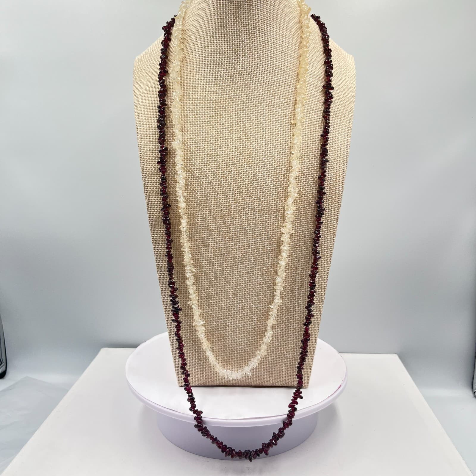 Vintage Boho Red Garnet & Pale Citrine Chip Bead Long Layering Necklace Set 2pc