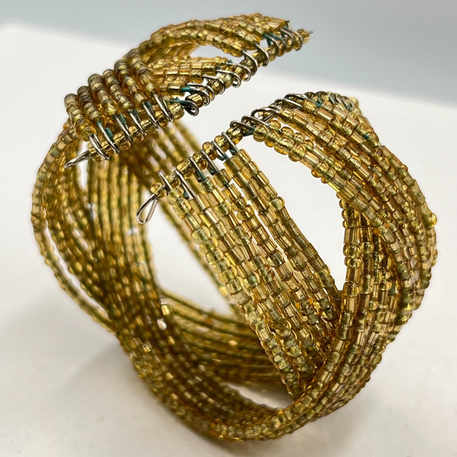 Vintage Boho Gold Tone Seed Bead Multi-Strand Memory Wire Cuff Bracelet - Thumbnail 4